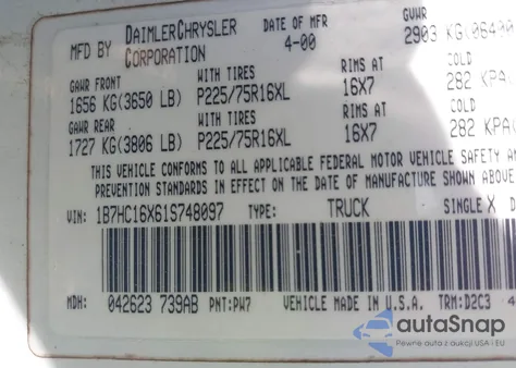 2001 Dodge Ram 1500 St/Ws из США, поврежденный, VIN 1B7HC16X61S748097